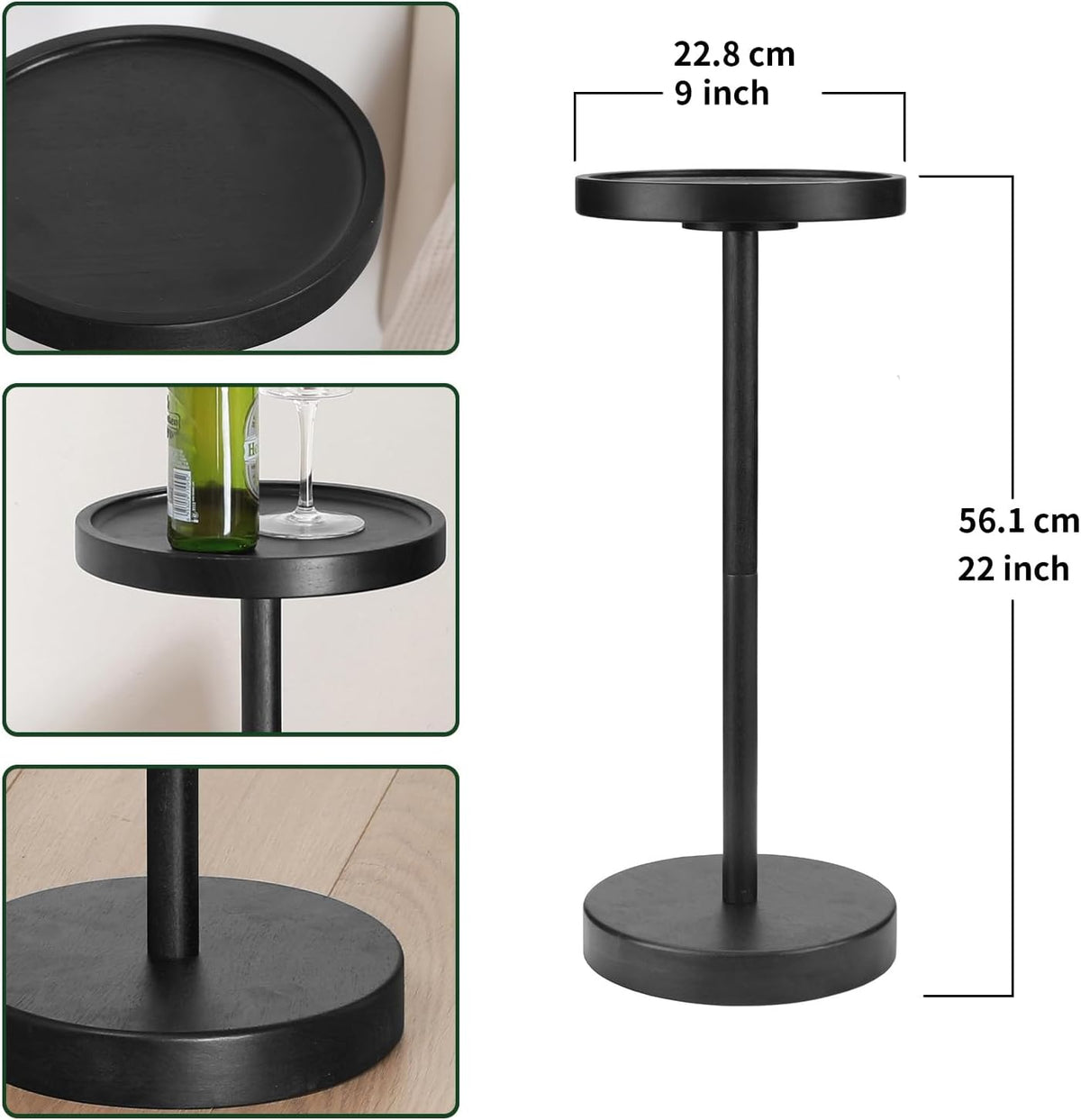 Solid Wood Pedestal Side Table Black Color, Drink Pedestal, End Corner Table Small Round Martini Table
