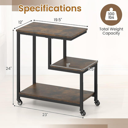 GOFLAME G-Shaped End Table, 3-Tier Sofa Side Table with Wheels, Open Shelves, Metal Frame, Modern Display Accent Table, Small Narrow Rolling Nightstand for Living Room, Bedroom, Rustic Brown