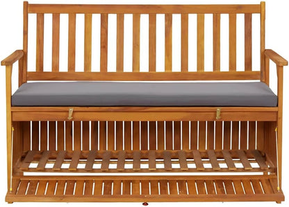 Solid Acacia Wood Patio Storage Bench 47.2 Inch with Seat Cushion, Outdoor Garden Bench with Armrests and Storage Compartment