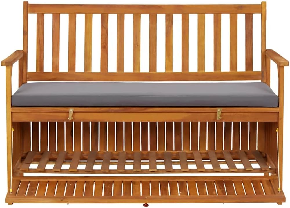 Solid Acacia Wood Patio Storage Bench 47.2 Inch with Seat Cushion, Wooden Outdoor Bench with Large Storage Compartment and Armrests