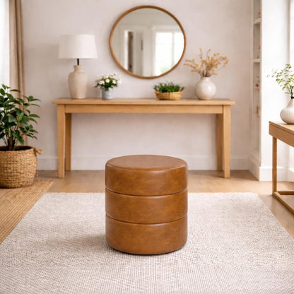 Spatial Order Upholstered Faux Leather Round Ottoman (No Lid, Seat Only) | Spatial Order Home Décor | Foot Rest Pouf – Camel Brown