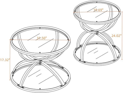Round Coffee Table Set of 2, Gold Metal Frame with Clear Tempered Glass | Ring-Shaped Frames with Two Clear Glass Tiers for Living Room, Bedroom, or Office