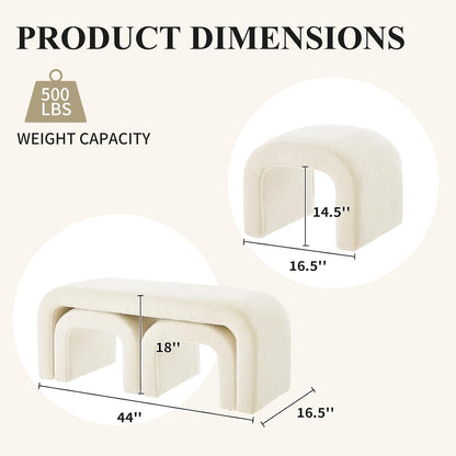 3-Piece Ottoman Bench Set, End of Bed Bench with 2 Foot Stools | 44" Teddy Padded U-Shaped Design, Wood Frame, 500LBS Weight Capacity, No Assembly Required, Entry Bench for Bedroom, Cream