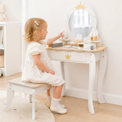 Little Girls Makeup Table with Mirror and Chair, Kids Vanity Table&Chair Set with Storage Drawer,Toddler Pretend Play Vanity Set with 9 pcs Multiple Make up Accessories,Princess Vanity Desk for 3+Kid