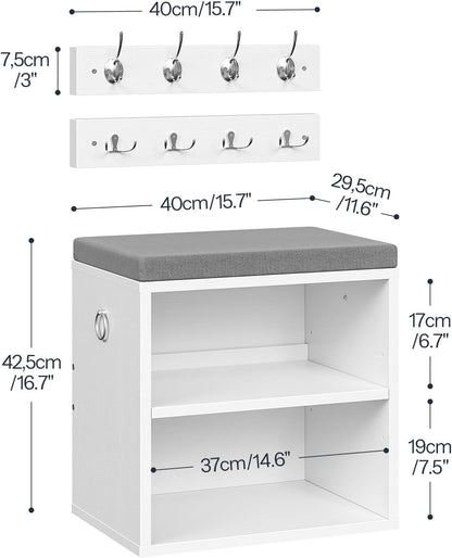 HOOBRO Shoe Storage Bench with Cushion, Entryway Bench with Coat Rack Set, Small Shoe Storage Organizer with Adjustable Shelf, for Narrow Hallway Foyer, Bedroom, White and Gray WG28HX01