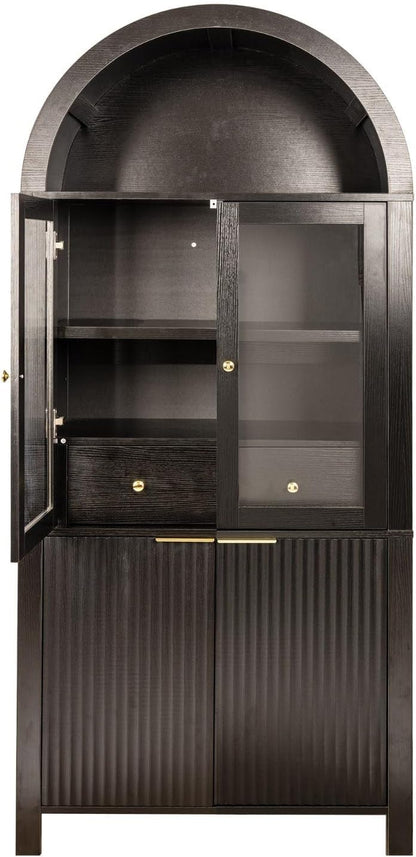 71" Tall Arched Pantry Cabinet with Glass Doors, Fluted Kitchen Storage Cabinet with Adjustable Shelves & Hidden Drawer, Freestanding Display Cabinet for Kitchen, Black
