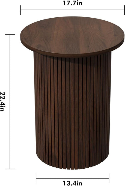 Wnutrees Round Fluted End Table, Small Accent Pedestal Side Table, Wood Fluted Nightstand Bedside Table for Living Room, Bedroom, Handcrafted Finish, Brown