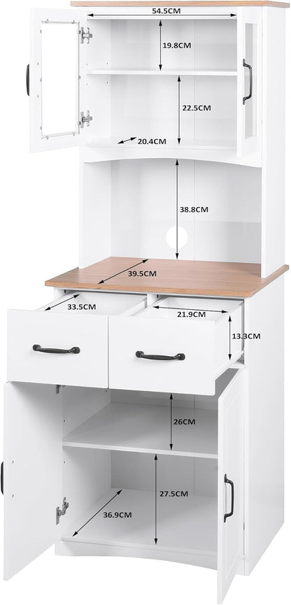 Wooden Kitchen Pantry Cabinet with Framed Glass Doors & Drawer – Microwave Storage Hutch with Adjustable Shelves & Anti-Topple Design