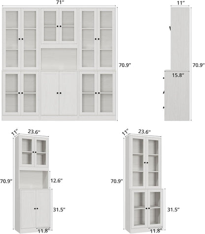 TUSY 71'' Tall Pantry Cabinet, Kitchen Hutch Storage Cabinet, Buffet Hutch Set of 3, China Cabinet with Glass Doors, 5-Tier Storage Cabinets for Dining Room, Living Room (White)