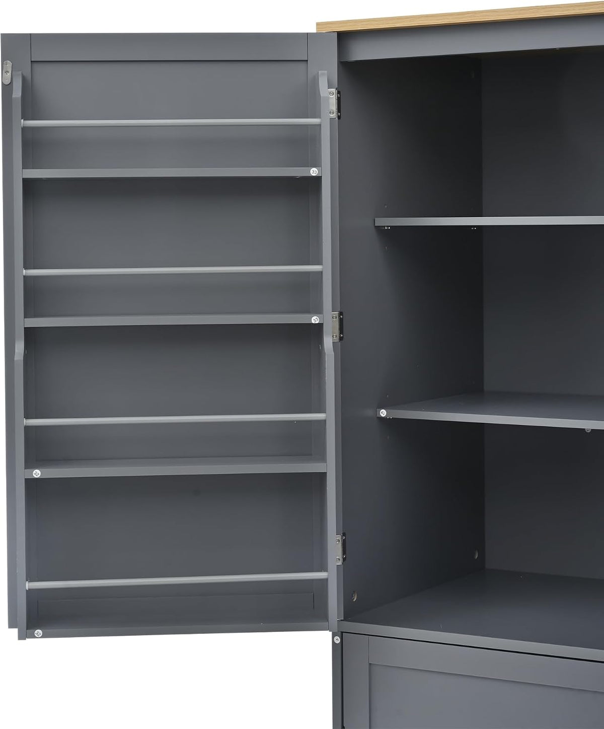 Kitchen Pantry Cabinet with Storage Drawers and 2 Adjustable Shelves, Freestanding Tall Cabinet with 8 Door Shelves, High Freestanding Kitchen Pantry, Gray