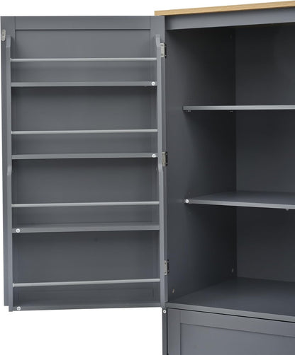 Kitchen Pantry Cabinet with Storage Drawers and 2 Adjustable Shelves, Freestanding Tall Cabinet with 8 Door Shelves, High Freestanding Kitchen Pantry, Gray
