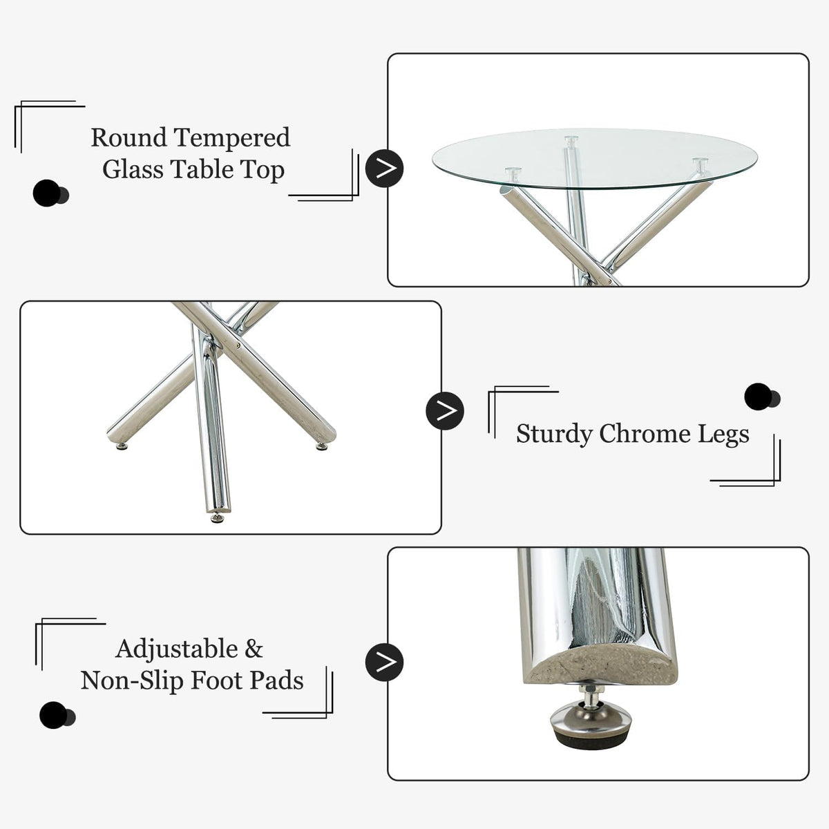 Modern Luxury Round Glass Dining Set for 4, 5 Pieces Clear Circle Glass Kitchen Table with Grey Faux Leather Chairs Set, 47'' Minimalist Circular Dinner Room Set, for Large Place (Silver)