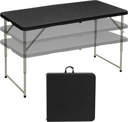 VECELO Folding Table 4 Ft, 3 Adjustable Height, Portable w/Handle, Black | Fold-in-Half, Heavy Duty, Space Saving, Plastic Utility Table, for Camping, Party, Dining, Indoor & Outdoor Use