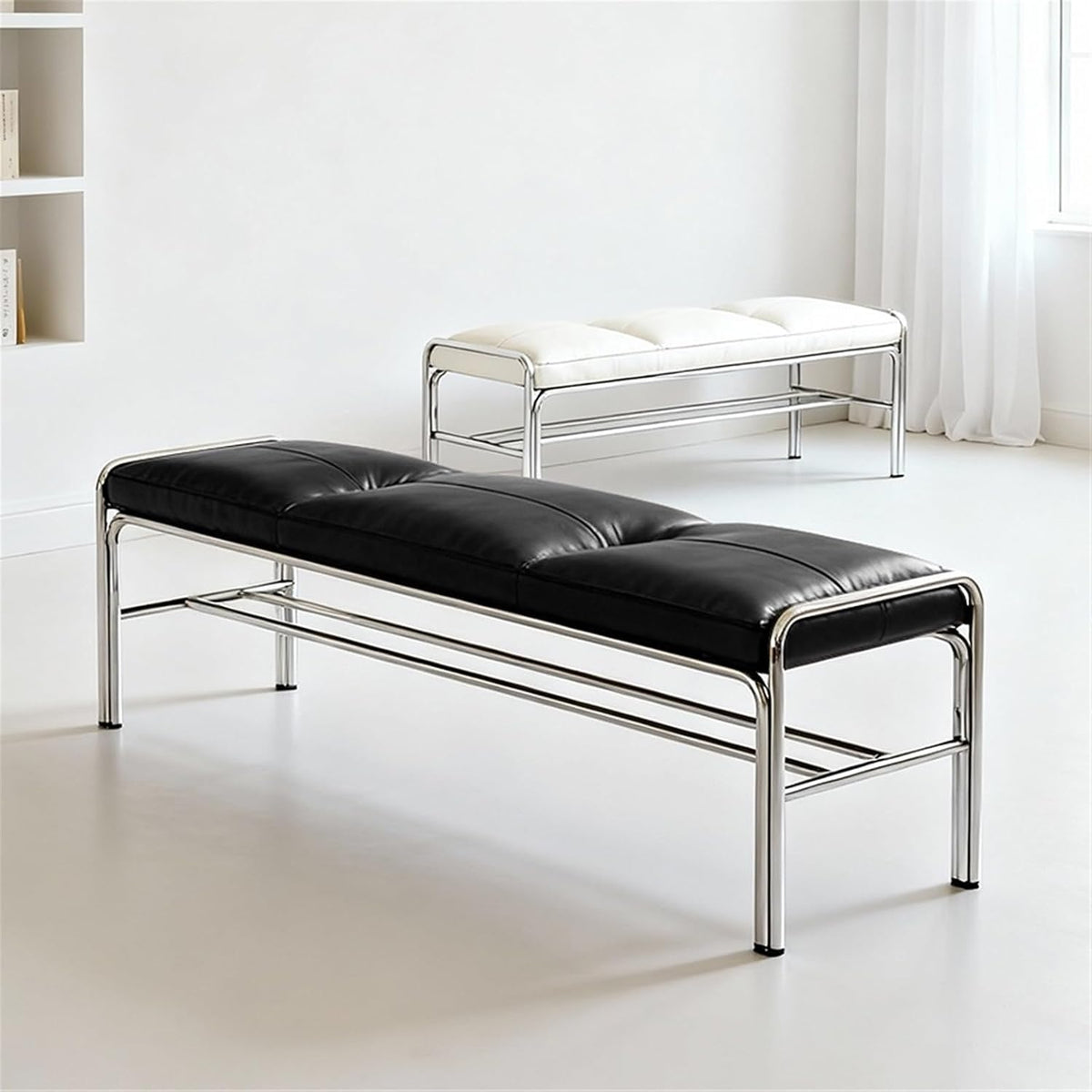 Modern Stainless Steel Long Bench with White Leather Cushion Home-use Soft-Padded Shoe Changing Stool Entryway(Small)