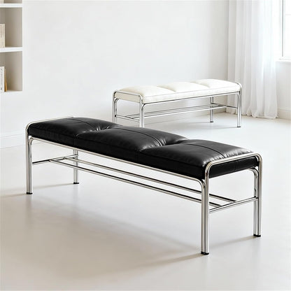Modern Stainless Steel Long Bench with Leather Cushion Home-use Soft-Pack Shoe Changing Stool Black Entryway(XS)
