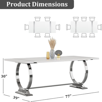 BQueen 78 inch White and Silver Dining Table for 4-8, Luxury Modern White Large Kitchen Table with Chrome Stainless Steel U-Base for Dining Room Kitchen Apartment