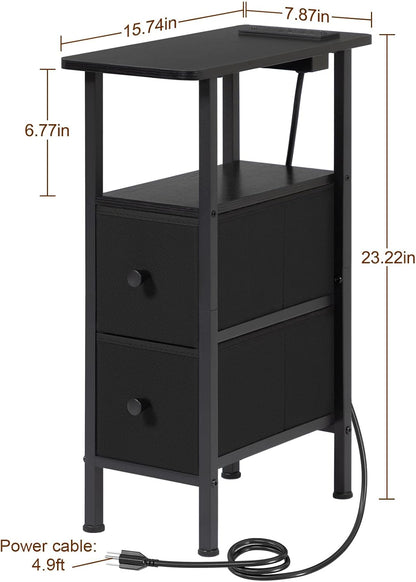 LOAKEKEL Narrow End Table Living Room with Charging Station, Skinny Side Table with Fabric Drawers, Slim Nightstand for Bedroom, Small Spaces, Couch, Black, HETNDP02BK-1