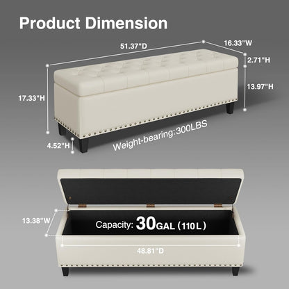 FiveWillowise 51 Inch Storage Ottoman Bench,Large End of Bed Storage Bench | Faux Leather Ottoman with Storage,30 Gallons,Upholstered,with Nailhead Trim,Legs,for Bedroom,Living Room,Entryway,Cream White