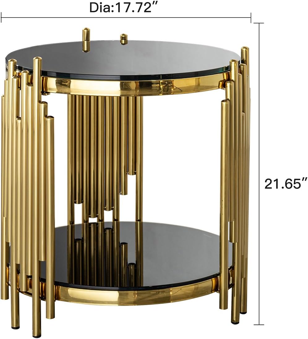 17.72" Round Sofa Side Table, 2-Tier Black Tempered Glass End Table with Gold Stainless Steel Frame for Living Room, Office & Café