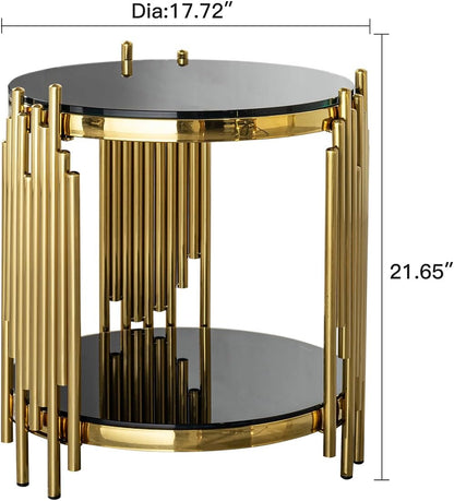 17.72" Round Sofa Side Table, 2-Tier Black Tempered Glass End Table with Gold Stainless Steel Frame for Living Room, Office & Café