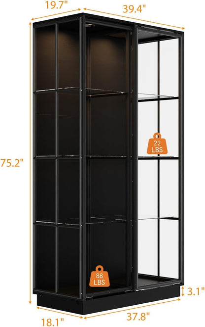 Tall Glass Display Cabinet with Glass Shelving & Sliding Doors, Trophy Case Glass Cabinet with Spotlights Black 39.4”W x 19.7”D x 75.2”H
