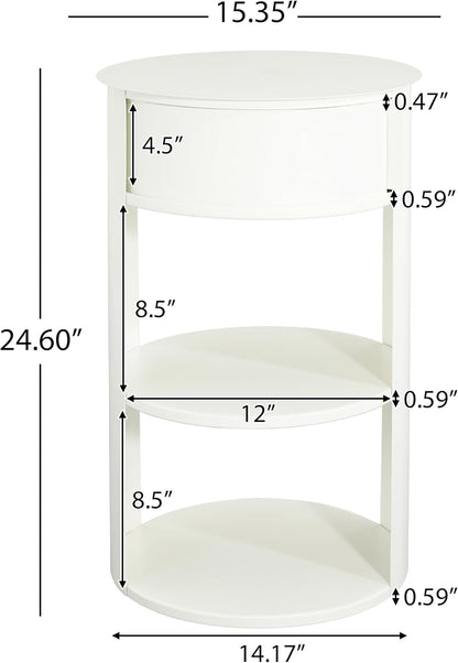 Christopher Knight Home Pomme 3-Tier Metal Small Side Table, Narrow Bedside Table with Sliding Door Cabinet, Bedroom Decoration Organizer, Round End Table with Storage, Space Saving, Matte White