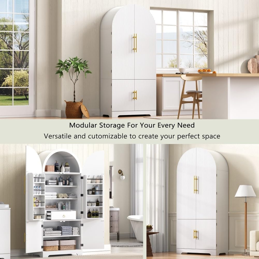 72" Tall Arched Kitchen Pantry Cabinet, Fluted Storage Cabinet with 8 Door Shelves, 3 Adjustable Shelves & Hidden Drawer for Kitchen Dining Bathroom (White)
