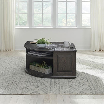 Pemberly Row 3 Piece Table Set, Rubberwood and Oak Veneers, Aged Oak Finish, Includes Cocktail Table with Lift Tops and Casters, 2 End Tables with Drawers, Antique Pewter Knobs, Living Room Furniture