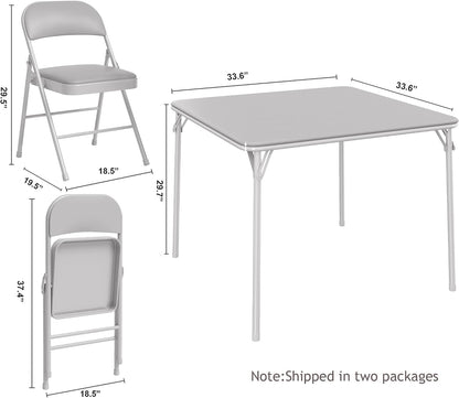 Folding Portable Card Table and Foldable Chair Set of 5, Pu Upholstered Foldable Chairs and Table With Metal Frame, Folding Table and Chair Suitable for Dining Room, Living Room, Office, Camping-Grey