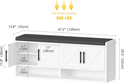 Farmhouse Storage Bench, Entryway Bench with Adjustable Shelves | 47.2" Shoe Storage Bench with Cushion, Hidden Shoe Cabinet Storage for Entryway, Hallway, Living Room, Bedroom, White