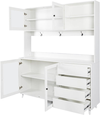 63" W Large Kitchen Hutch Cabinet, Freestanding Pantry Cupboard with 4 Doors, 4 Drawers & Microwave Shelf,for Kitchen Dining Room Bedroom (White#L)