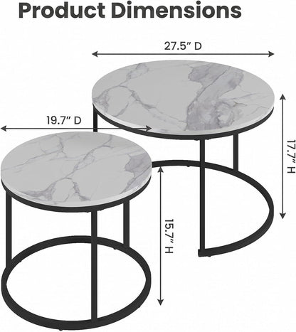 Living Room Side Table, Round Coffee Tables for Living Room, Modern Nesting Drink for Small Spaces, Set of 2 (Marble)