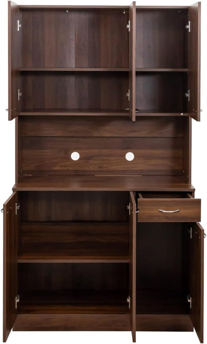 KEIKI 70.87" Tall Kitchen Pantry Storage Cabinet with Countertop, 6-Doors, 1 Drawers, Microwave Stand and Shelves, Freestanding Wood Hutch Food Pantries Cupboard for Coffee Bar, Dining Room
