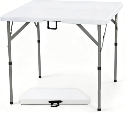 34" Square Folding Card Table, 3ft Foldable Portable Plastic Table | 3 foot Adjustable Height, Indoor Outdoor, White HDPE, Heavy Duty, Camping, Dining for Party, Picnic, Game, Mahjong, Puzzle