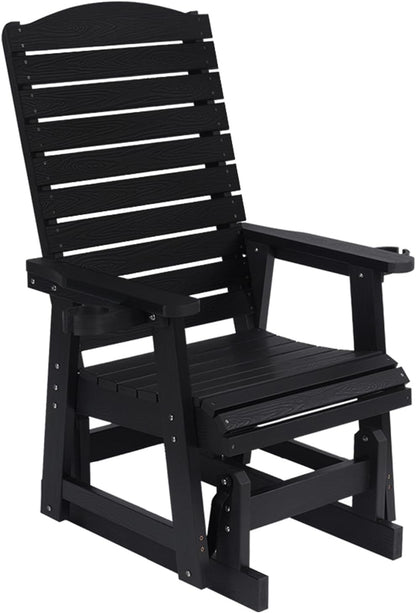 Poly Lumber Patio Glider for One Person, with Cup Holders, High Backrest and Deep Contoured Seat, HIPS Material, All-Weather Resistant, Heavy Duty 700 Pounds (Black)