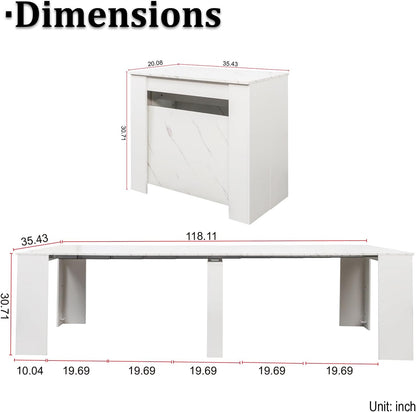 JOYSOURCE Extendable Dining Room Table for up to 12 People 20-119 inch Adjustable Large Extra Long Rectangular Space Saving Folding Dinner Table for Kitchen, Dining Room White Marble Finish