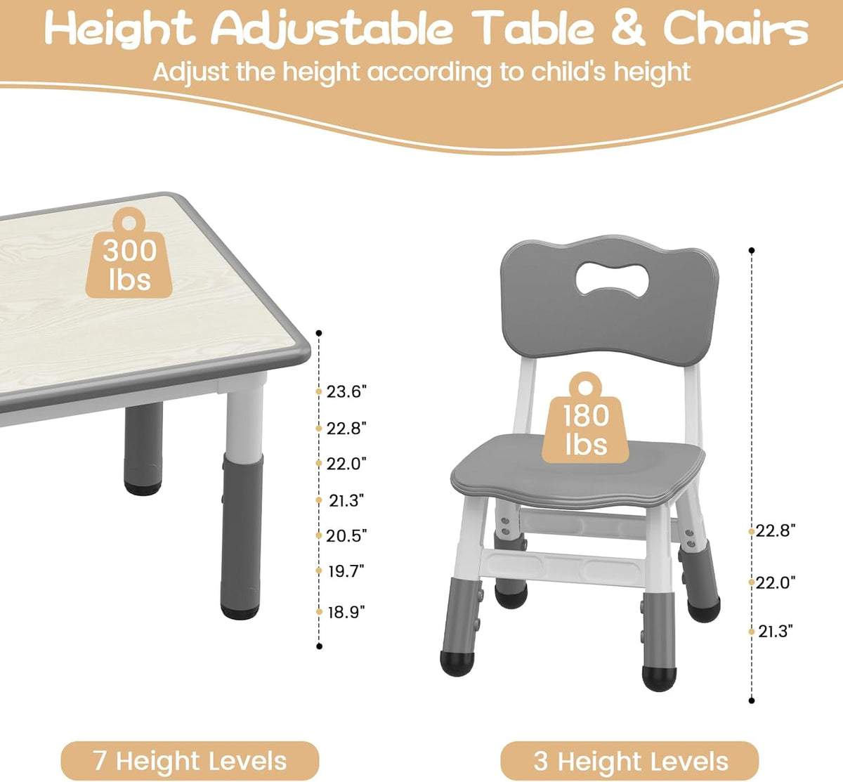 Kids Table and Chairs Set Height Adjustable Table and 6 Chairs for Toddlers | 120*60 cm Graffiti Table | Non-slip Caps | Ergonomic Chair | Rounded Corners | Suitable for Daycare, Classrooms, Home