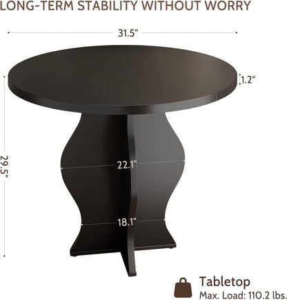 31.5 Inch Small Round Dining Table for 2, Modern Farmhouse Wood Kitchen Table, Rustic Black Circle Dining Room Table with Pedestal Base for Kitchen and Dining Room Furniture