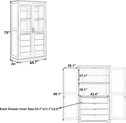 roomfitters 75" Kitchen Pantry, Freestanding Storage Cabinet Display Cabinet with Glass Doors and 4 Drawers, White