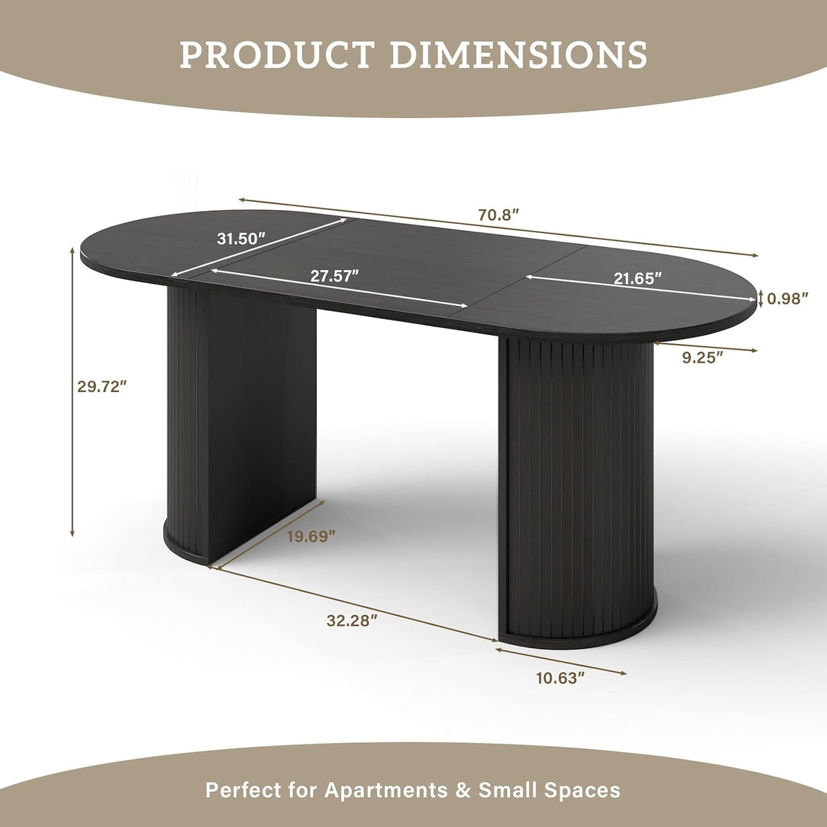 70.8" Oval Dining Table for 4-6 Persons, Fluted Pedestal Base Mid Century Wood Veneer Kitchen Table with Curved Edges for Dining Room, Apartment, Small Spaces, Black