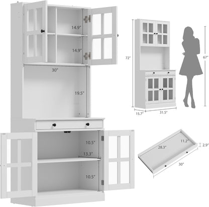 Garvee 72 Inch Kitchen Pantry Cabinet with Glass Doors, Drawer and Adjustable Shelves, Farmhouse Tall Storage Cabinet with Open Countertop, Coffee Bar Cabinet for Coffee Corner, White | Adjustable Shelves, Open Countertop, Perfect as Coffee Bar Cabinet