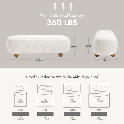 Hyfirm 54" End of Bed Bench, Upholstered Bedroom Ottoman Bench with Solid Wood Round Legs, Modern Oval Bench for Queen & King Beds, Entryway, Living Room, Hallway, Beige Linen Seat