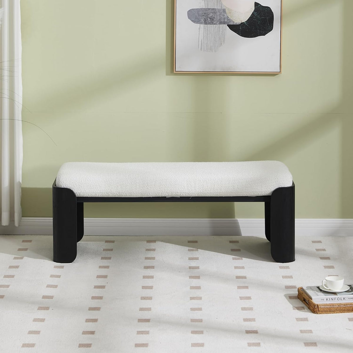 DUOMAY Modern White Sherpa Bedroom Bench, 49" Wide Long Entryway Bench with Solid Wood Legs Upholstered Dining Bench Ottoman for Living Room Indoor