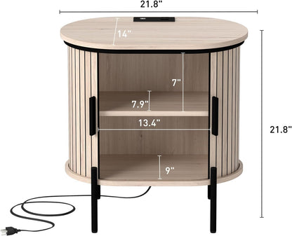 Bonzy Home Round Nightstand with Storage, Fluted Side Table with Charging Station, Mid Century Modern Bedside Table, End Table with Sliding Door for Living Room, Bedroom, Small Spaces, Oak