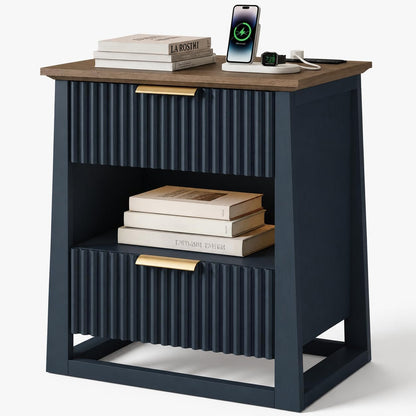 HIFYOBRO Fluted End Table with Charging Station and Motion Sensor Light, Modern Blue Side Table with 2 Drawers and Storage Shelf for Living Room, Bedroom, Guest Room