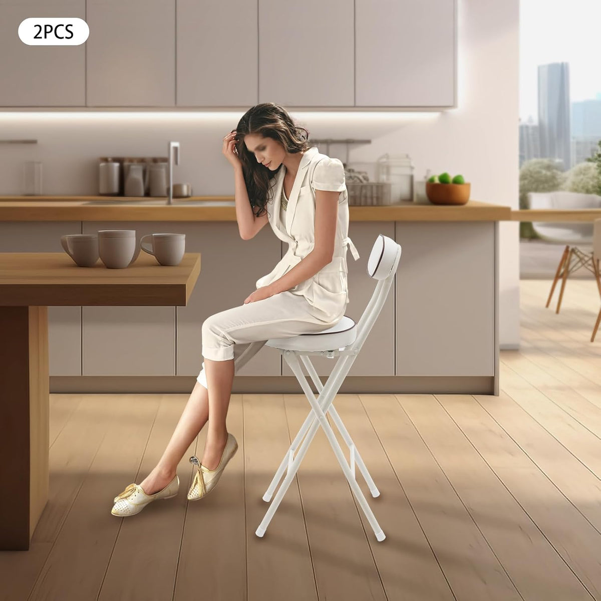 2 PC Folding Bar Stool with Backrest, Tall Foldable Stool Counter Foldable High Chair Portable Bar Height Chairs with Padded Cushion for Kitchen, Dining, Camping, Outdoor & Party (White)