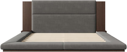 SOFTSEA King Size Floor Platform Bed Frame, Upholstered Floor Bed with Extended Headboard & Bedside Shelf, Velvet Fabric Grounded Bed Frame King Size for Bedroom, No Box Spring Needed, Gray