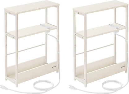 VASAGLE Side Tables with Charging Station, Set of 2 Narrow End Tables, 3-Tier Nightstands, Sofa Tables for Small Spaces, for Living Room, Bedroom, Study, Cream White ULCT664W01