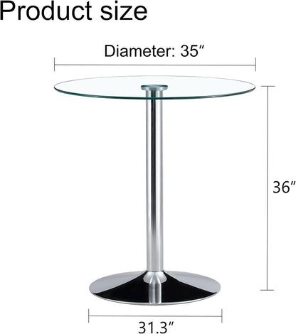 A Glass Tabletop with a Diameter of 35 inches and a Modern Minimalist Circular Dining Table with electroplated Silver Metal Legs. Suitable for Restaurants, Living Rooms, and Conference Rooms.BT-1166