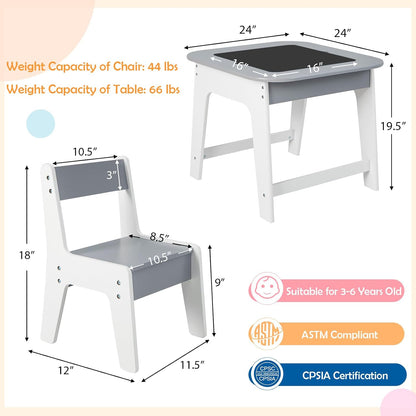 HONEY JOY Kids Table and Chair Set, 3-in-1 Children Wooden Activity Table and 2 Chairs for Art Craft, Reversible Blackboard, 3 PCS Toddler Furniture with Storage, Gift for Boys Girls (Gray)